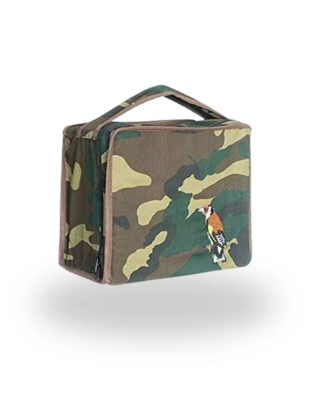 Funda para Jaulas de reclamo de Silvestrismo en tela Camuflaje/Militar, con jilguero bordado